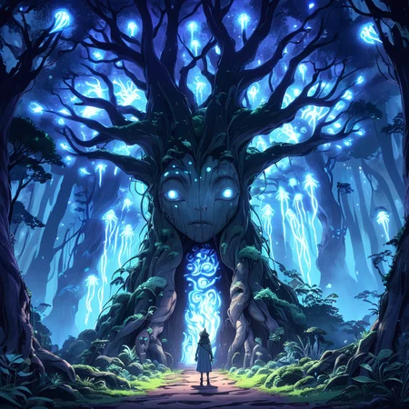 <lora:ArsMJStyle_-_AnimeA:1> ArsMJStyle, AnimeA, "Magical forest with bioluminescent creatures, Studio Ghibli meets Avatar style. Towering spirit trees with faces, floating jellyfish-like beings, moss-covered stone guardians. Protagonist: young shaman with tribal markings, staff of twisted wood. Technique: soft painterly style, ethereal glow effects, muted color palette with pops of vivid bioluminescence. Fireflies and pollen motes drifting through dappled moonlight."