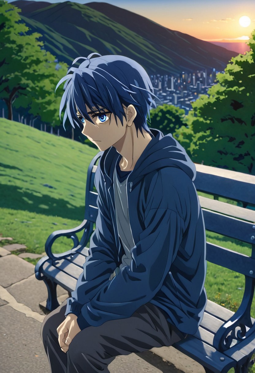high resolution, solo, best quality, 1Boy, Tomoya Okazaki, Grey Blue Hair, blue eyes, Sad, Sit, hills, city, park bench, sunset, dramatic, clannad,