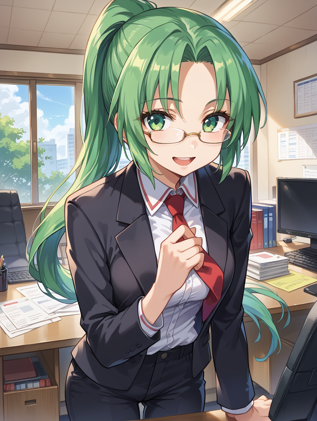 score_9, score_8_up, score_7_up,source_anime,BREAK,
Sonozaki_mion,
ponytail, indoors, office, light smile, looking at viewer, open mouth, black suit, pants, glasses, 
<lora:Sonozaki_mion:1>