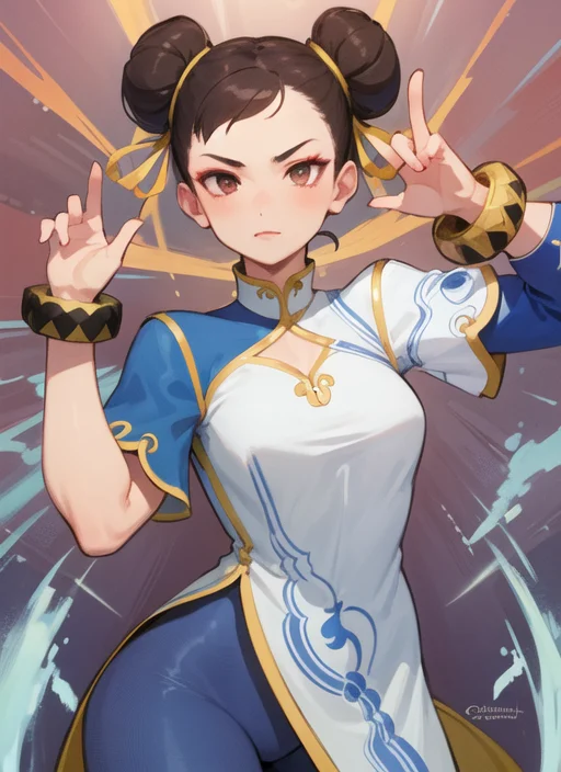 (masterpiece, best quality, high resolution), (illustration:1.0), extremely detailed face, perfect lighting, (perfect hands,perfect anatomy), (1girl, solo:1.5), glowing skin and perfect symmetrical pretty face ,cowboy shot, chunlims, hair bun, double bun, eyeshadow, makeup, chinese clothes, pelvic curtain, solo, dress, bracelet, ribbon, pants, blue pants, makeup, short sleeves, wide hips, thick thighs, <lora:ChunliMS:1>,
