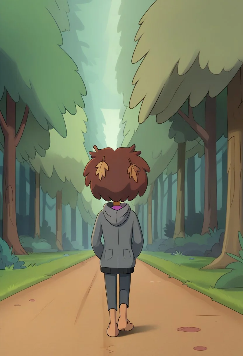 nocunoct, anne boonbchuy, walking down pathway, outdoors, forest, wearing grey jacket, solo, cowboy shot, hands on pockets, leaves in hair, looking at the ground,