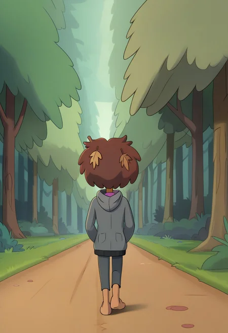 nocunoct, anne boonbchuy, walking down pathway, outdoors, forest, wearing grey jacket, solo, cowboy shot, hands on pockets, leaves in hair, looking at the ground,