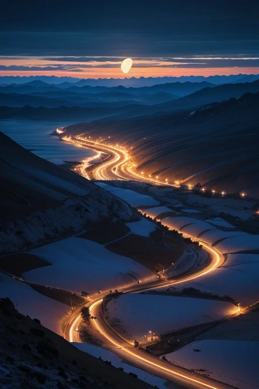 full shot,Mountains,beach,half moon, beautiful sky, (village), night, epic landscape, desolate atmosphere, from above, photorealistic, masterpiece, 64k, UHD, ultra detailed, vivid colors, high quality, sharp focus