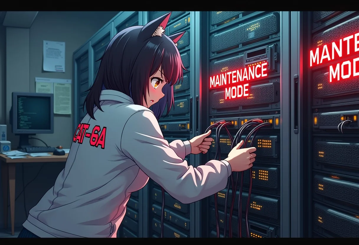An angry anime catgirl mechanic, she wears a white jacket that says "CAT-6A" on her back, she is pulling network cables from a server rack, The servers have stenciled on them "CIVIT-AI" the room is messy, (One server is on fire), a monitor on the wall red pixel font text that says "MAINTENANCE MODE" in the center.
