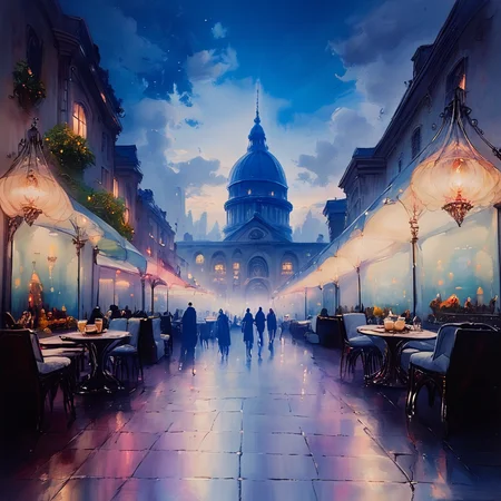 score_9, score_8_up, score_7_up, <lora:ImpressionismPonyV2:1> ArsMJStyle, ((Impressionism )), Parisian Cafe Terrace, The painting depicts a bustling cafe terrace at night. Warm yellow light spills from the windows, illuminating tables and chairs. Figures are suggested by quick brushstrokes, their features indistinct. The night sky is a swirl of deep blues and violets., impressionism, night scene, cafe, Paris, street scene, yellow lighting, urban landscape, alfresco dining, atmospheric, loose brushwork, city life, vibrant