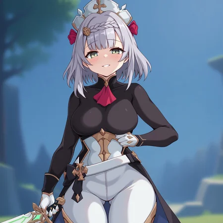 embedding:urn:air:sd1:embedding:civitai:222256@250708, score_9, 1girl, noelle_(genshin_impact), solo, white pants, white gloves, smile, parted lips, looking at viewer, black and white outfit, black shirt, shirt tucked in, half-closed eyes, blush, dynamic pose, green eyes, black hair ribbon, holding sword, breast plate, muscular arms,