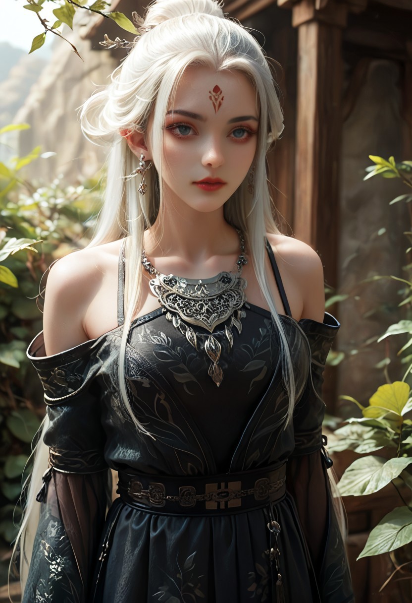 <lora:ponyxiaobai2v:1>,xiaobai,score_9,score_8_up,score_7_up,a highly detailed CGI rendering of a female character with a fantasy aesthetic, she has a pale skin complexion and long ,flowing white hair adorned with intricate ,leaf-like designs ,her eyes are large and expressive, with a serene, almost contemplative expression, she wears a form-fitting, off-the-shoulder dress in a deep black silky color with silver accents, the dress features intricate, floral patterns and a high neckline, accentuating her slender physique, around her neck, she accessorizes with a delicate, silver necklace and matching earrings, her attire is reminiscent of a medieval or fantasy-inspired outfit, with the dress having a high slit that reveals her midriff, the lighting is soft and diffused, casting gentle shadows that enhance the texture of the stone and the character's attire, the overall mood is one of serenity and otherworldly beauty, very long hair, realism,