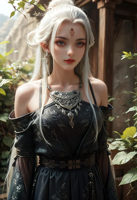 <lora:ponyxiaobai2v:1>,xiaobai,score_9,score_8_up,score_7_up,a highly detailed CGI rendering of a female character with a fantasy aesthetic, she has a pale skin complexion and long ,flowing white hair adorned with intricate ,leaf-like designs ,her eyes are large and expressive, with a serene, almost contemplative expression, she wears a form-fitting, off-the-shoulder dress in a deep black silky color with silver accents, the dress features intricate, floral patterns and a high neckline, accentuating her slender physique, around her neck, she accessorizes with a delicate, silver necklace and matching earrings, her attire is reminiscent of a medieval or fantasy-inspired outfit, with the dress having a high slit that reveals her midriff, the lighting is soft and diffused, casting gentle shadows that enhance the texture of the stone and the character's attire, the overall mood is one of serenity and otherworldly beauty, very long hair, realism,