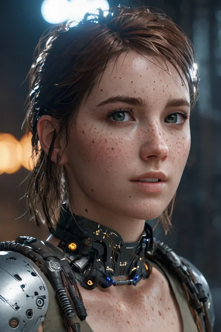 <lora:Ellie_last_of_us_ll_101:0.75> ellie101 freckles cinematic photo looking at viewer action pose , as a cyborg knight wires and electric components circuit bored , happy expression, , finely detailed eyes, epic scene, epic composition, Photography, Cinematic Lighting, Volumetric Lighting, ethereal light, intricate details, extremely detailed volumetric rays 35mm photograph, film, bokeh, professional, 4k, highly detailed . Bleak, post-apocalyptic, somber, dramatic, highly detailed