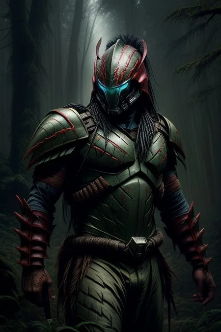 Amazing scene of Predator, fully armored Yautja, badass helmet with war paint, misty forest setting, dimly lit, epic lighting, predator has advances technological rocket-launch system deployed from his shoulder armor,
highest quality, focused, clear,