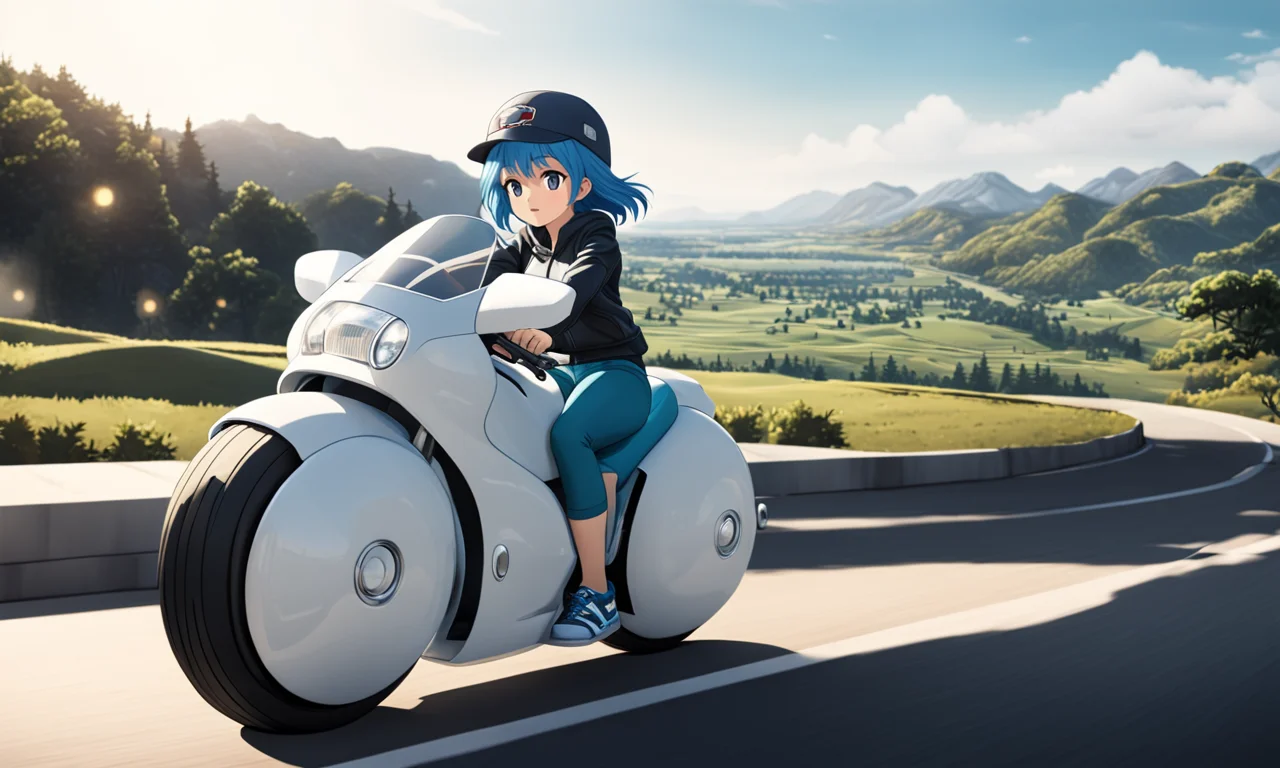 cartoon of woman riding large round motorcycle with a windshield, best quality, highly detailed, bokeh, blue hair, cool sneakers, <lora:cap9motosdxl:0.8>, beautiful landscape, cinematic lighting, photorealistic, cap9motosdxl, anime, bulma, vibrant colors,