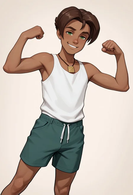 masterpiece, absurdres, high quality, perfect anatomy, 1boy, solo, cute boy, male focus, Presley, Dark Skin, Brown Hair, Green Eyes, tank top, green shorts, necklace, smug smile, cinematic, intricately detailed illustration, depth of field, masterpiece, best quality, amazing quality, very aesthetic, absurdres, newest, very awa,  shadow, dynamic angle, casual cosplay, dynamic pose, simple background,