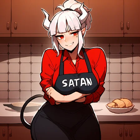 score_9,score_8_up,score_7_up,score_6_up,score_5_up,score_4_up,score_anime,solo,
<lora:helltaker_lucifer_ponyXL:0.9>,luciferapron,mole under eye,ponytail,white horns,demon horns,red shirt,sleeves rolled up,black apron,clothes writing,demon tail,
huge_breasts,curvy,
<lora:SyMix_Pony_v05a02:1>,<lora:venus body PonyXL:1>,
looking at viewer,smirk,arm_under_breasts,one_arm_up,head tilt,kitchen,