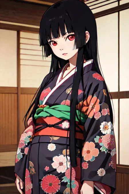 enma_ai short yukata obi, black hair, long hair, indoors, cowboy shot, kimono