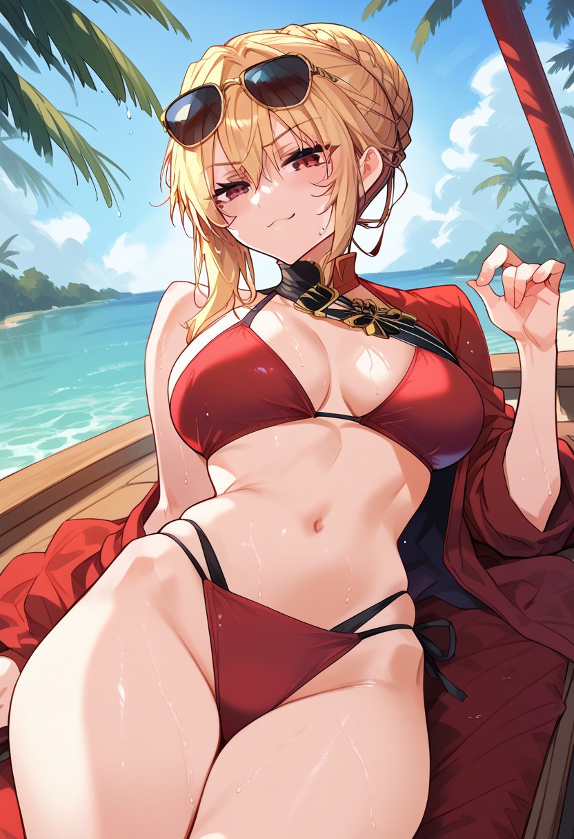 zPDXL3, score_9_up, score_8_up, score_7_up, (Anime_source), 1girl, Angelica.R.R., red eyes, blonde hair, long hair, bun hair, braid, wet, cowboy shot, looking at viewer, smug, light blush, water, palm trees, (bikini, lying on chaise lounge), red theme, sunglasses
