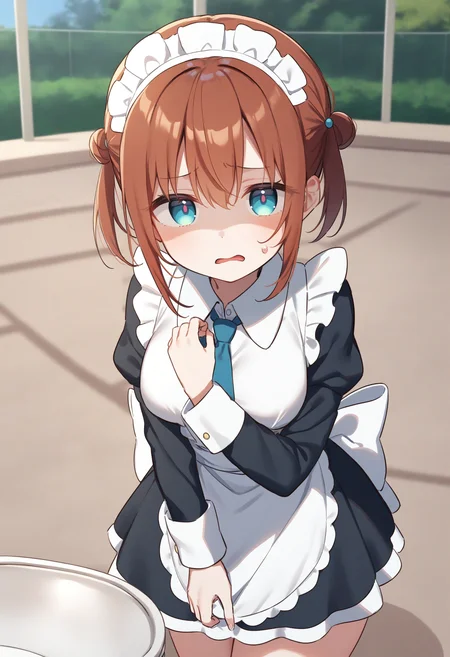 1girl,sincos, ningen mame, toosaka asagi,solo,medium breasts,20yo,maid,maid headdress,
donbiki,<lora:donbiki_XL_v1:0.7>
open mouth, sweatdrop, looking at viewer, shaded face, hand on own chest, turn pale, jitome, disgust, gloom (expression), d:, frown, empty eyes, no pupils,
from above, cinematic angle, orange hair, gray eyes, outdoor resort pool, hair bun hair,,
best quality, very aesthetic, absurdres