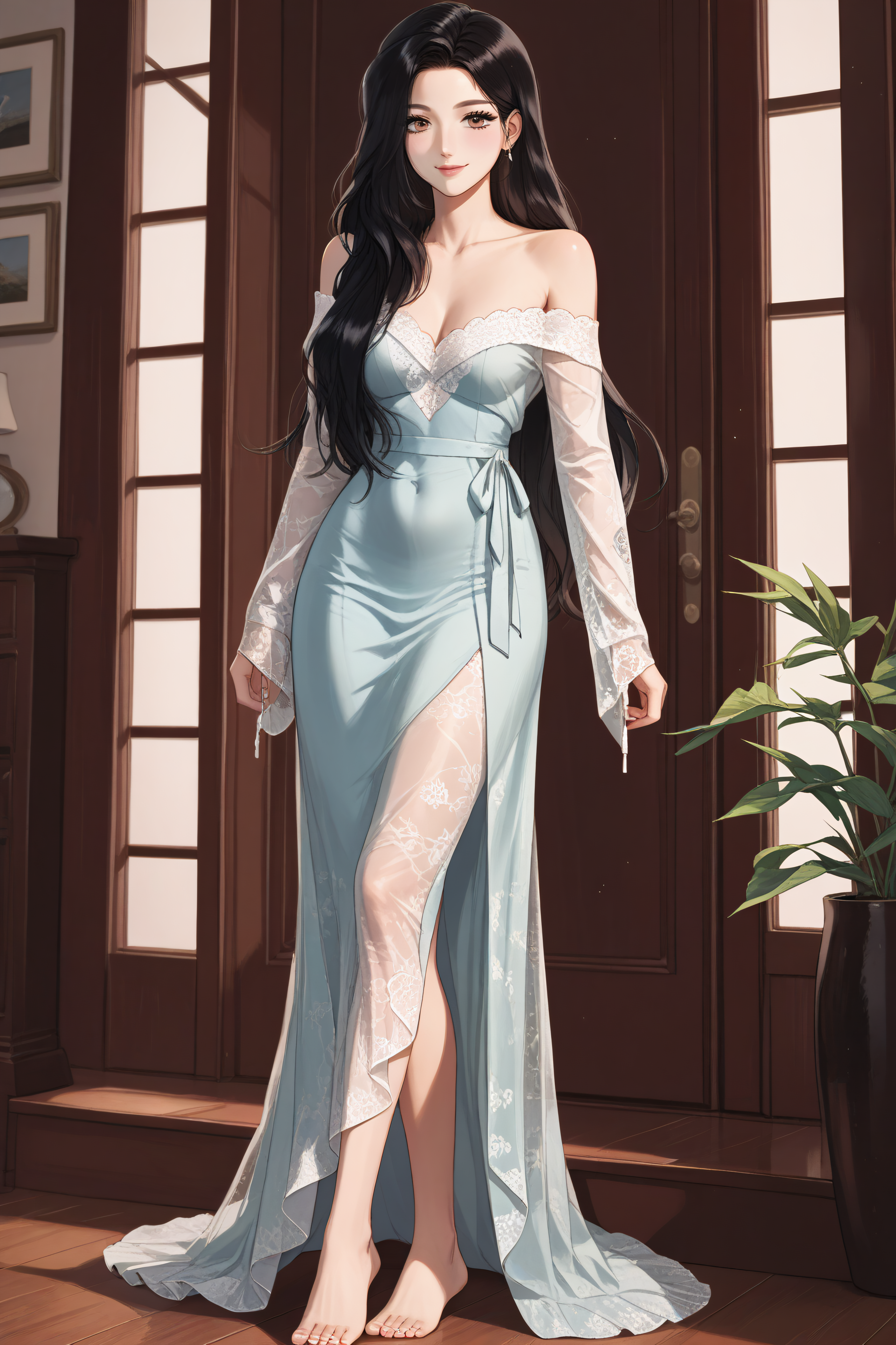 score_9, score_8_up, score_7_up, score_6_up, source_anime, BREAK, <lora:Zheng Shuyi-PonyXL-lora-Faxtron:1> zheng shuyi, black hair, long hair,  <lora:0764 Lace see-through long skirt_v1_pony:1> ruanyi0764,long dress,long sleeves,off shoulder,bug,lace dress,barefoot,tight dress,see-through, light smile,