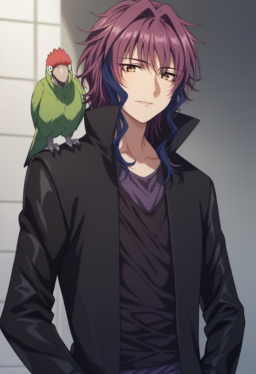 score_9, score_8_up, score_7_up, source_anime, highly detailed, 
yukari, 1boy, male focus, solo, multicolored hair, purple hair, blue hair, long hair, brown eyes, shirt, black shirt, purple shirt, long sleeves, coat, black coat, gloves, black gloves, bird, parrot, animal on shoulder, upper body
outdoor,