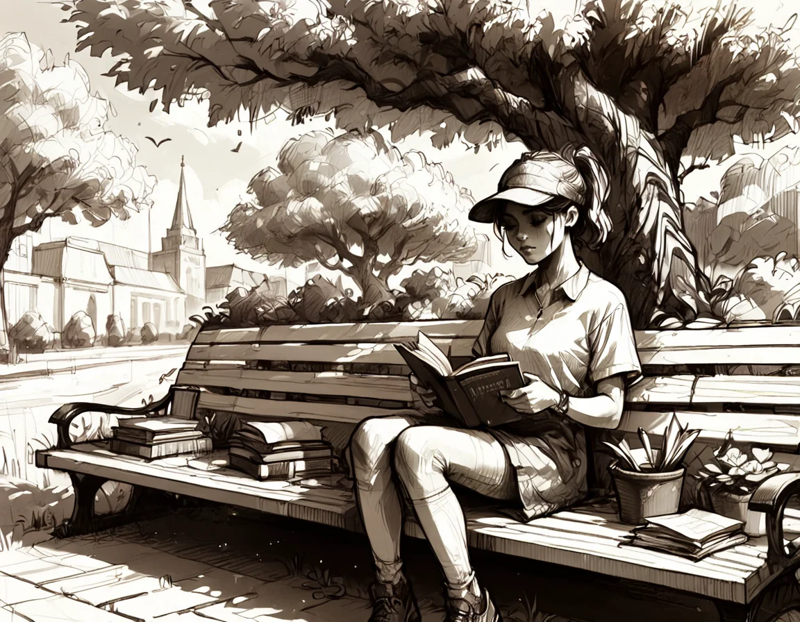 score_9, score_8_up, score_7_up,  <lora:Messy Sketch Style:1>, 1girl sitting in park on a bench, reading a news paper, monochrome