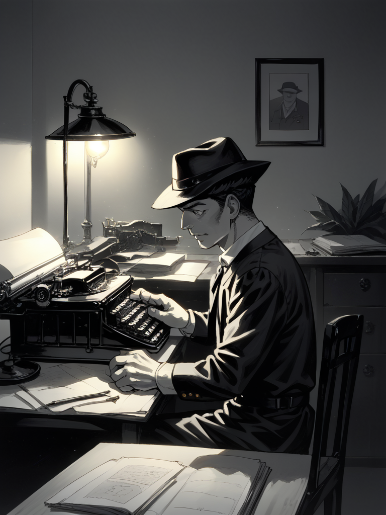 score_9, score_8_up, score_7_up, source_anime, BREAK

1boy, A detective, sitting, desk, typing, typewriter, Hat. Mood Lighting, Monochrome, Smoky, Desk Lamp