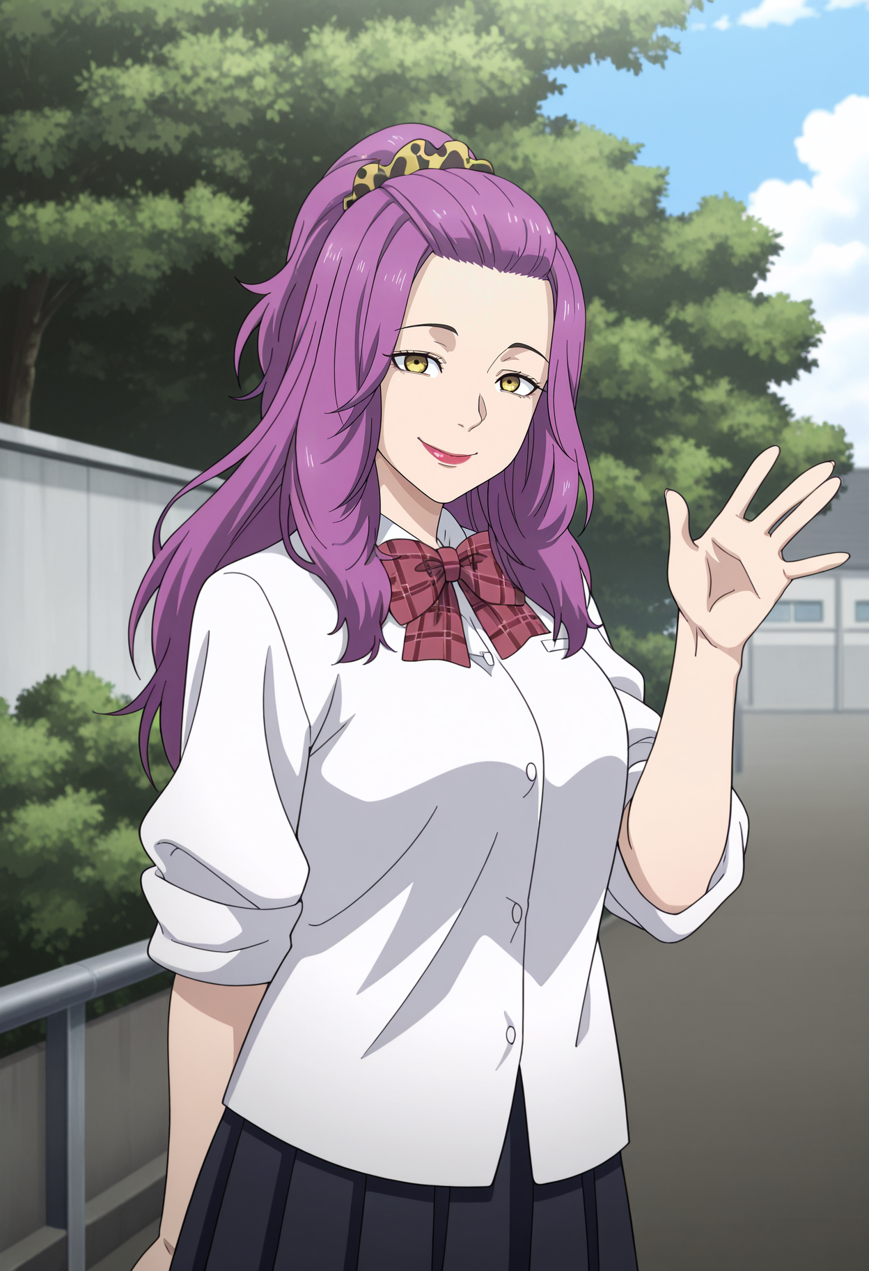 1girl,solo,mm,mature female,purple hair,long hair,lipstick,yellow eyes,scrunchie,hair ornament,anime coloring,
school uniform,white shirt,pleated skirt,bowtie,sleeves rolled up,cowboy shot,looking at viewer, waving, smile,outdoors
,masterpiece,best quality,amazing quality,<lora:Kaoru_Yamaba-Babanba_Banban_Vampire:0.8>