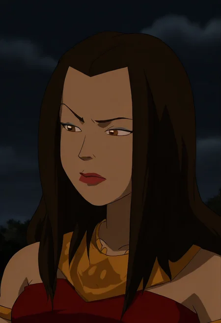 In the Avatar Animation style, 1girl, Azula, solo, long hair, brown hair, black hair, brown eyes, closed mouth, lips, makeup, parody, lipstick, portrait, style parody, anime coloring, jewelry, upper body, sky, necklace, strapless, night, parody, armlet, midriff, necklace, crop top,
<lora:Avatar-Anime-Style2:1>,
