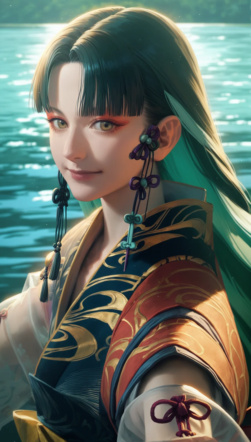 score_9,score_8_up,score_7_up,
<lora:Yoshiro:0.9>,
yoshirogoddess,
realistic,
1girl,solo,
black hair,long hair,hime cut,
yellow eyes,red eyeshadow,looking at viewer,smile,
sheer robe,red ribbon,
portrait,
blurry background,bloom,lens flare,shimmering water background reflecting sunlight,lake,light particles,