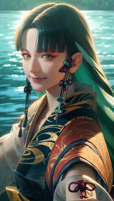 score_9,score_8_up,score_7_up,
<lora:Yoshiro:0.9>,
yoshirogoddess,
realistic,
1girl,solo,
black hair,long hair,hime cut,
yellow eyes,red eyeshadow,looking at viewer,smile,
sheer robe,red ribbon,
portrait,
blurry background,bloom,lens flare,shimmering water background reflecting sunlight,lake,light particles,