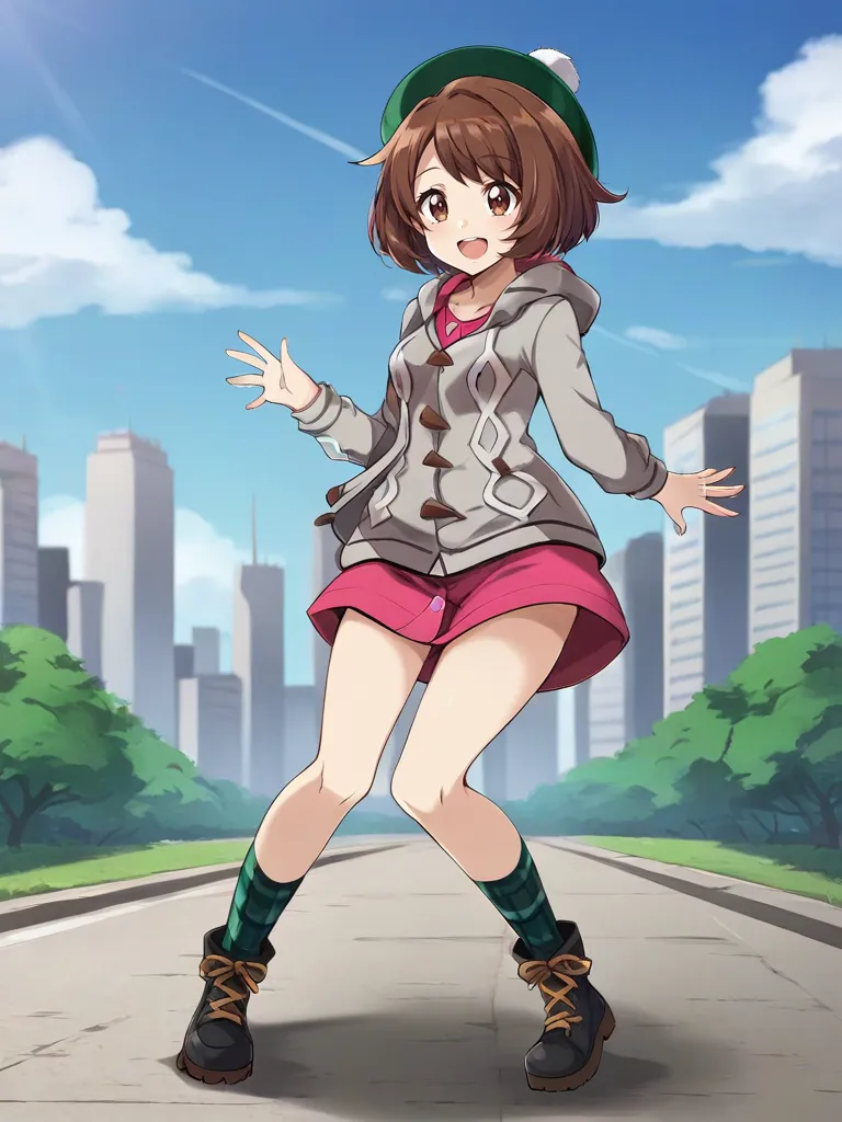 <lora:SSGloriaTsukishiroSaikaDataset:0.7>
1girl, solo, gloiyuuria, brown hair, short hair, bob cut, green headwear, tam o' shanter, brown eyes, cardigan, hooded cardigan, pink dress, green socks, plaid socks, black boots, full body, outdoors, city, smile, open mouth,
