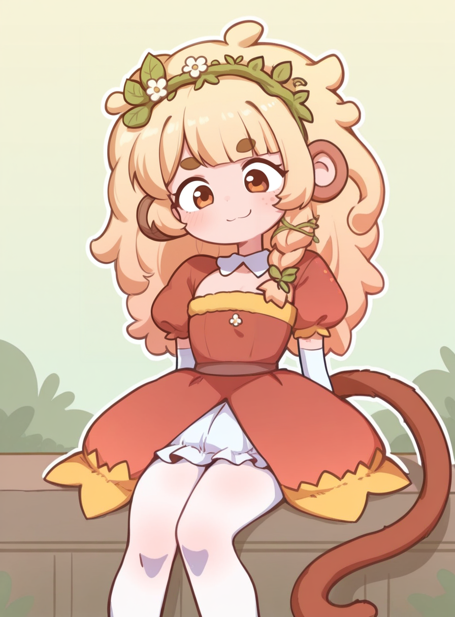 1girl, solo,  <lora:BananaJuju:0.8> bananajuju, blonde hair, brown eyes, freckles, monkey tail,
fairy tale outfit, velvet dress, puffed sleeves, white pantyhose, floral headpiece, sitting, gentle chuckle, relaxed posture, warm smile, lighthearted feeling,
 <lora:Orenji-IL:1> orenji, extremely detailed, highres, masterpiece, best quality