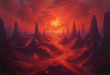 PsychadelicChaos, vibrant, The capitol of hell, city scape in hell, Soviet Gothic, monumental architecture, detailed ornate government buildings, ornate, beautiful, cityscape, black molten rock, red glow, red theme, rock, fire, scenery, psychadelic, buildings,