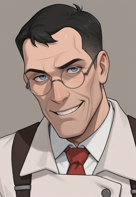 anime, masterpiece, best quality, detailed background, 8k, 1boy, solo, medic (tf2), mature man, blue eyes, black hair, very short hair, glasses, round eyewear, white shirt, red tie, white labcoat, brown suspenders, grin, gray background, half body, face focus, close-up, turning to viewer, staring at viewer, no pose