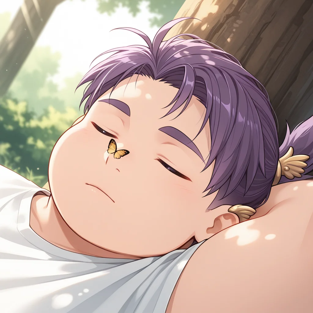 masterpiece, amazing quality, colorful, detailed background, vibrant, very aesthetic, cinematic ambiance, highres, dynamic light, dynamic angle, dramatic angle, highly detailed, ultra-detailed, luminous lighting, hdr, uhd, 8k, soft shading,
<lora:owari-v2-000010:0.9> BREAK t-owari, male focus, 1boy, half-closed eyes, (aged_up:0.5), chubby,
, portrait, butterfly on nose, single ear ornament, lying, arm behind head, sleeping, dappled sunlight, under tree, hair_ornament,