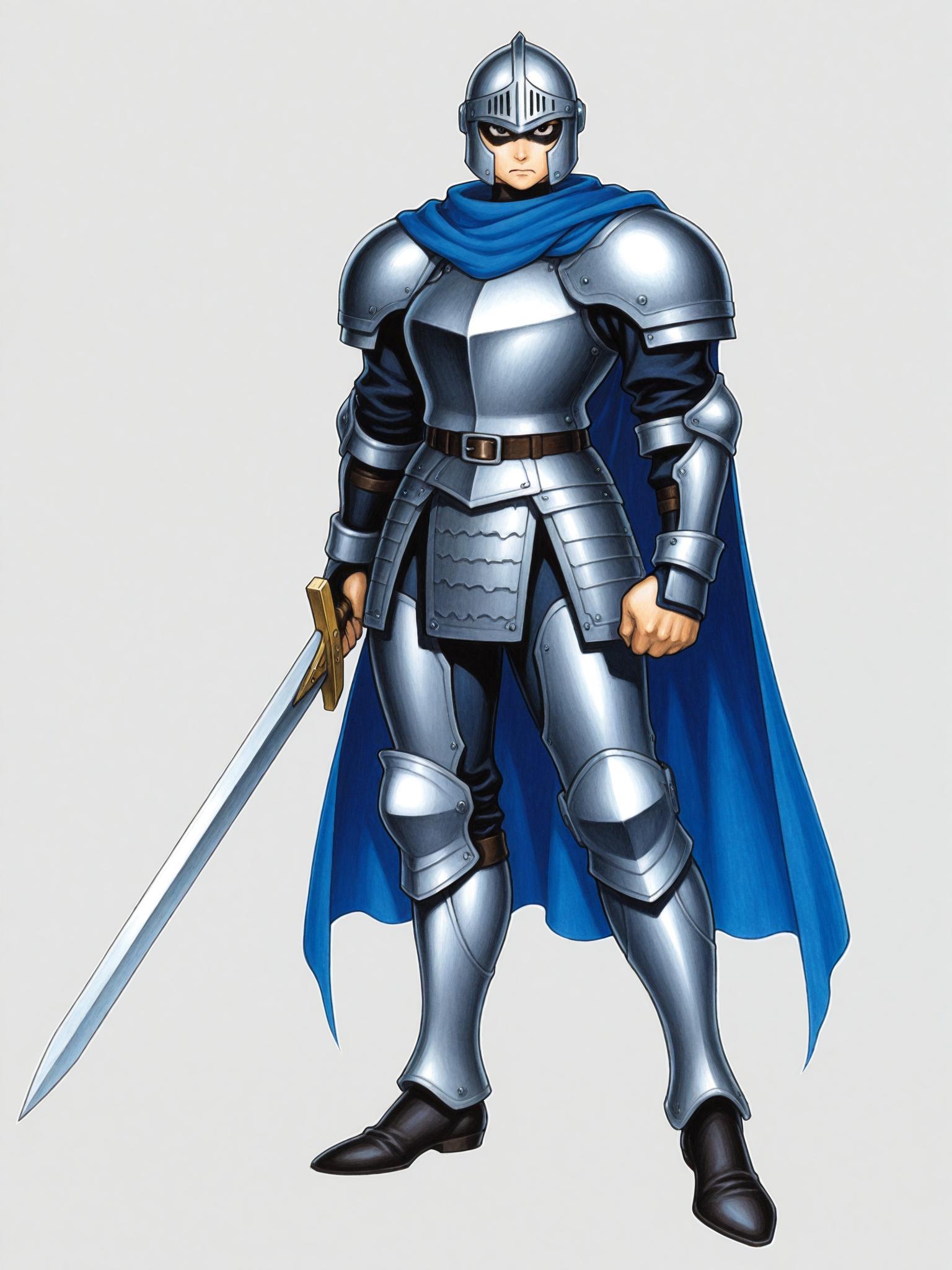1girl,a beautiful young woman with dark hair and fair skin, wearing ornate black and dark blue plate armor, holding a large sword with a golden hilt in one hand and a helmet in the other, a blue cape flowing behind her, serious expression, standing on a plain grey background, full body shot, sharp focus, fantasy concept art,traditional media,white background,simple background, standing, fantasy, vibrant colors, detailed, illustration, Captain Commando, Magic Sword, capcomfantasy