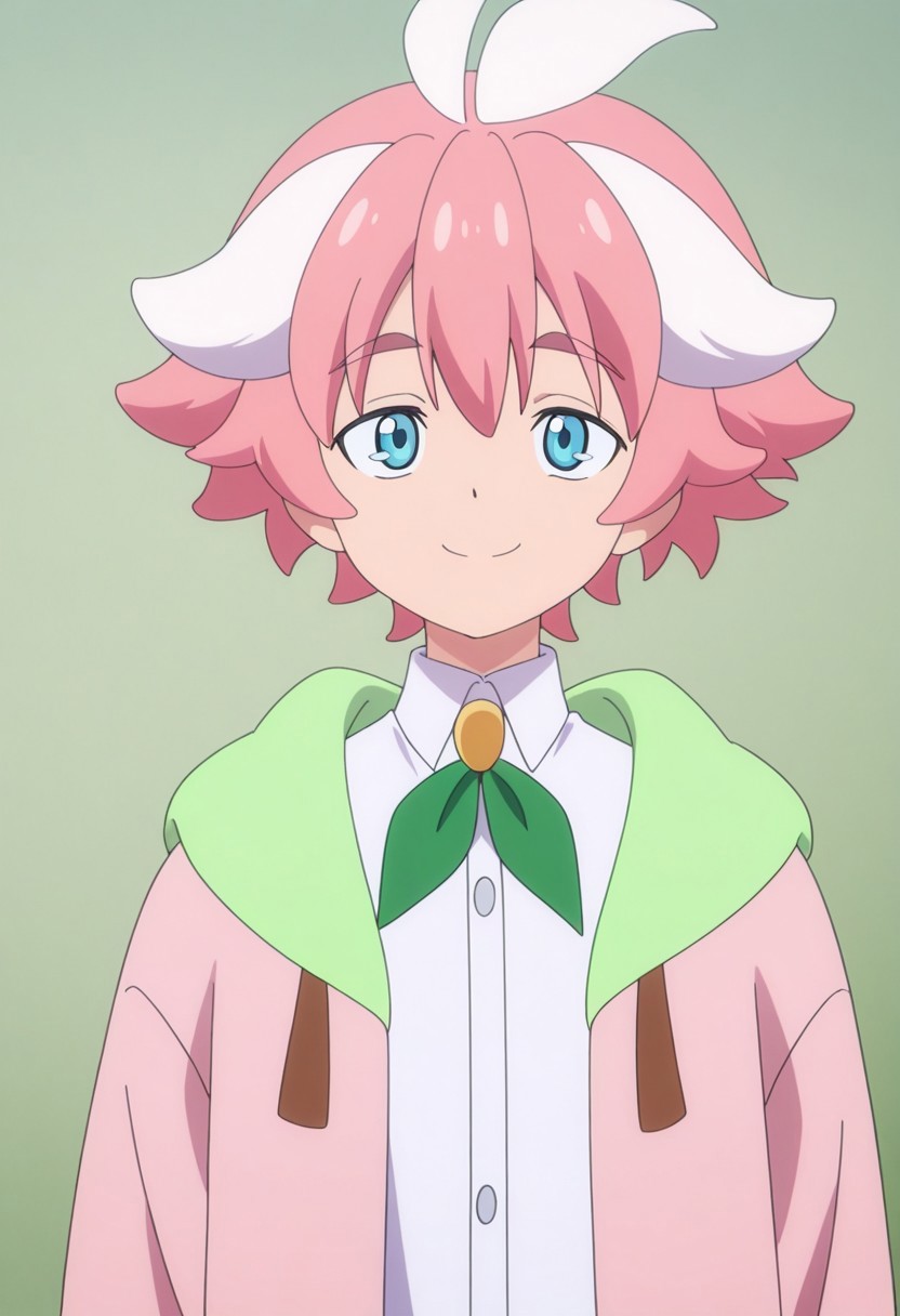 masterpiece,best quality,amazing quality, source_anime,
ItsukiMitsutagawa, 1boy, male focus, solo, blue eyes, multicolored hair, pink hair, white hair, shirt, white shirt, collared shirt, ribbon, neck ribbon, green ribbon, jacket, pink jacket, hood, green hood, smile, portrait,