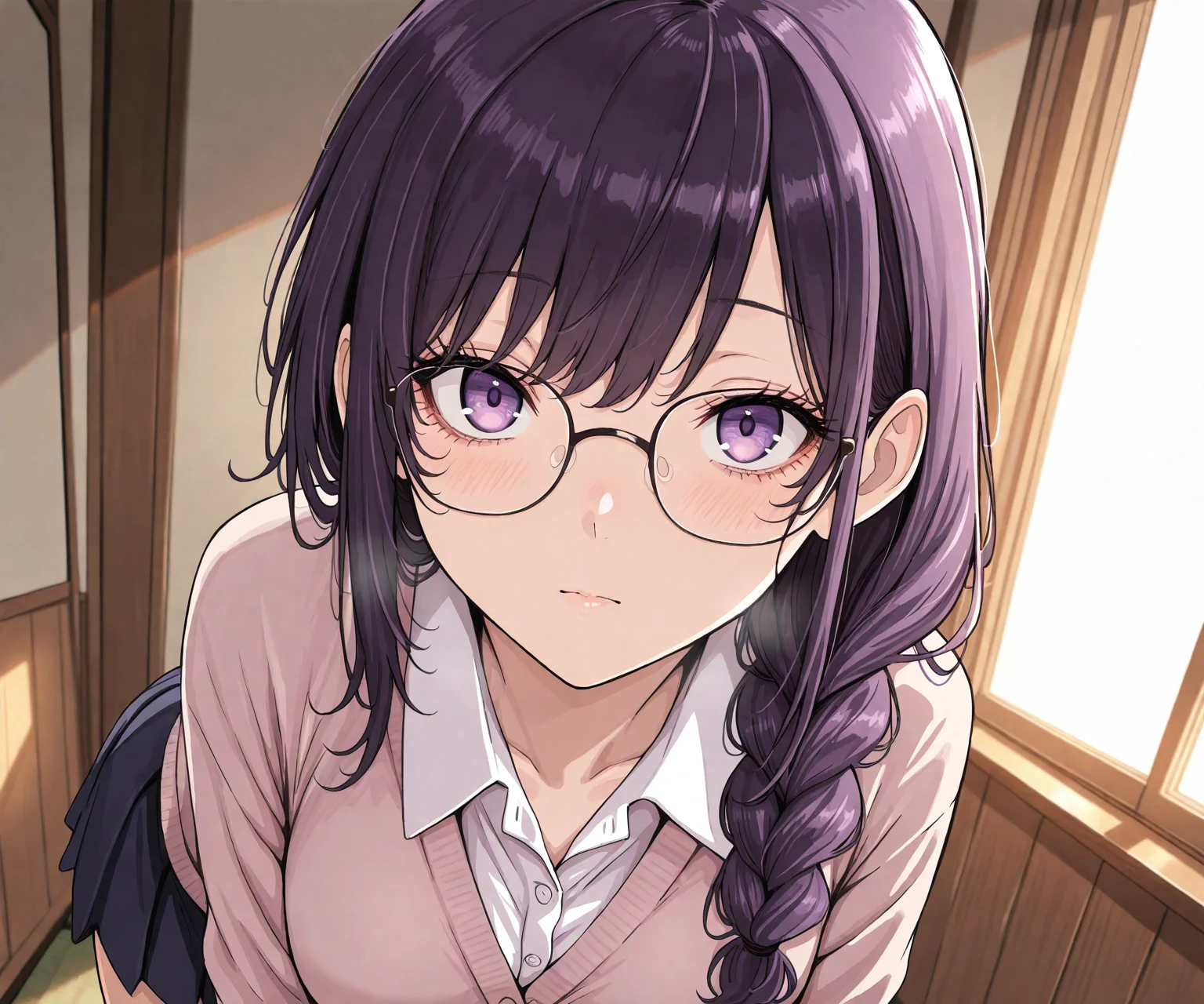 masterpiece, best quality, amazing quality, , 1girl, solo, shirt, glasses, skirt, looking at viewer, cardigan, long hair, braided_ponytail, purple eyes, eyelashes, <lora:pt style ILL-v2:1.6> ptstyle