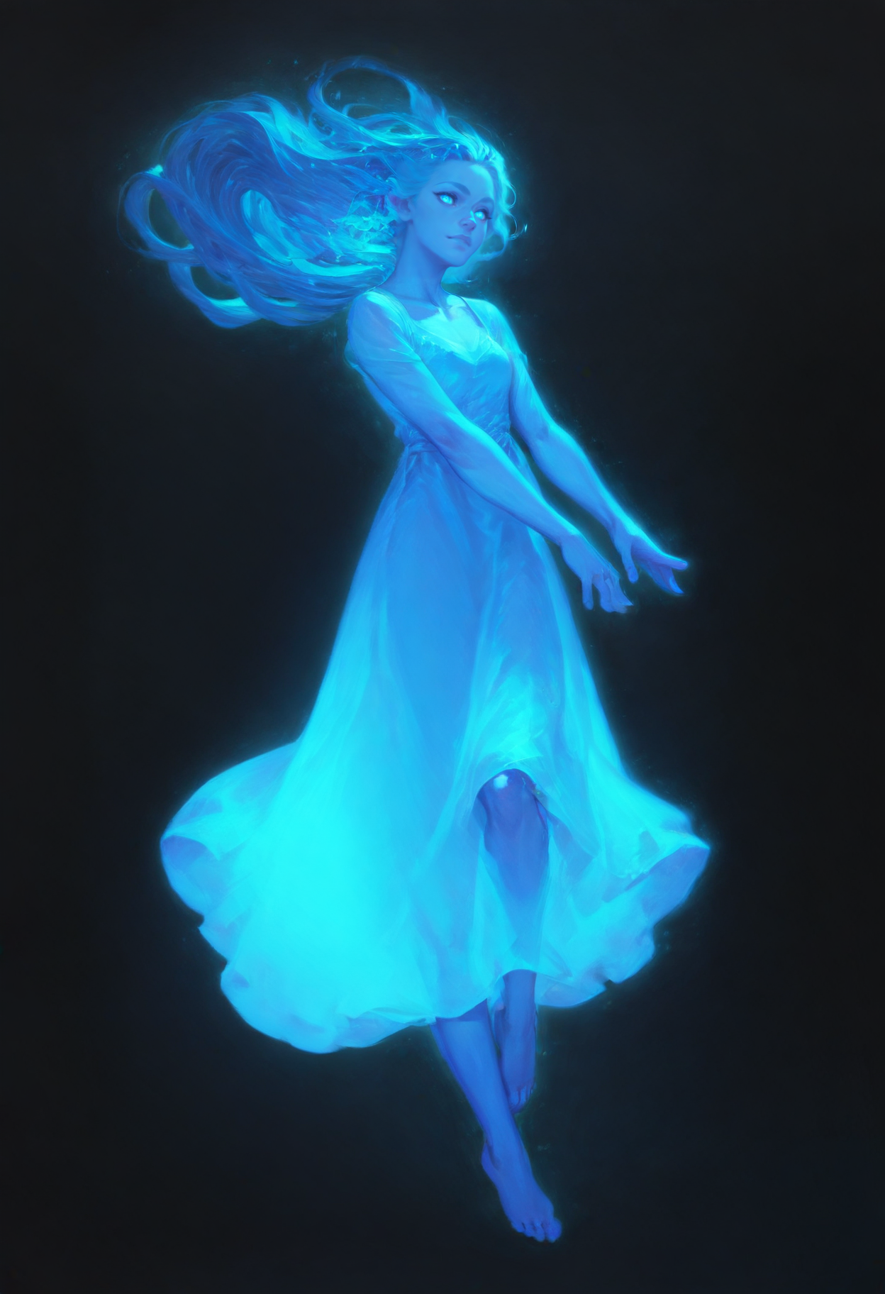 (score_9_up, score_8_up:1.2), score_7_up, Sylphrena, spren, 1girl, glowing blue eyes, long blue hair, blue skin, blue dress, barefoot, glowing blue light, mist, dynamic pose, <lora:Sylphrena:0.8>