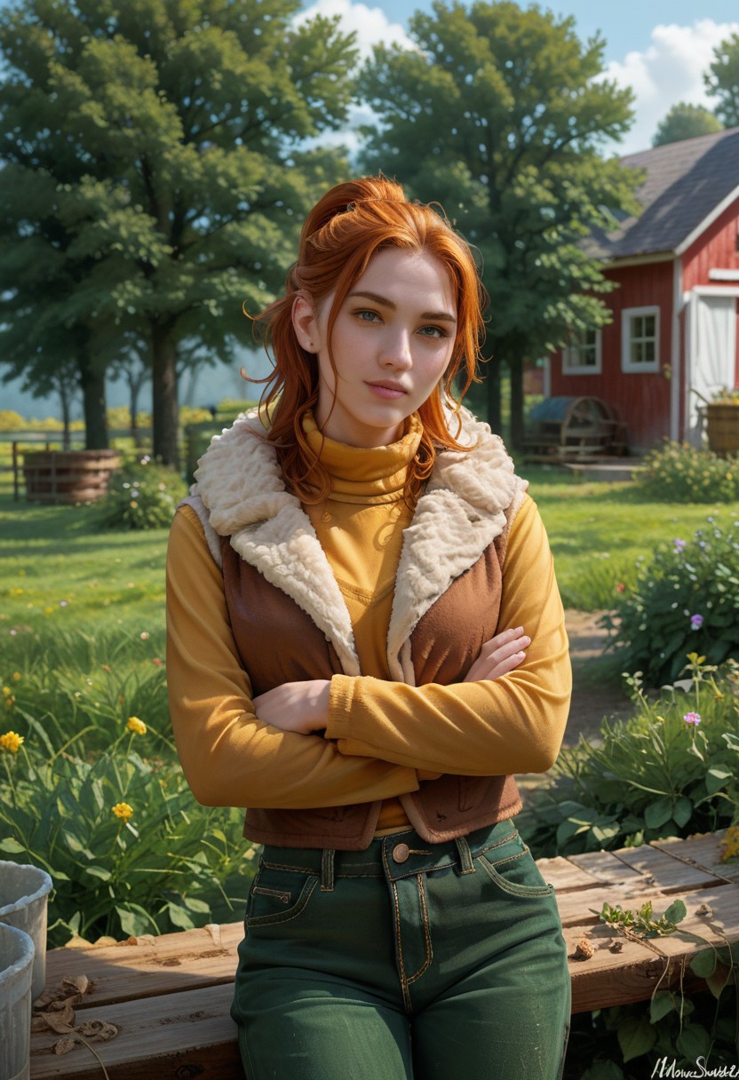 score_9, score_8_up, score_7_up,, high res ima , source_photo, source_real, (realistic:1.4),
1girl, cowboy shot, solo, , working,
outdoors, farm, garden, <lora:Robin_-_IL:0.8> Robin_SDV, green eyes, orange hair, ponytail, yellow turtleneck, green pants, brown vest, fur trim, masterpiece, best quality, good quality, newest