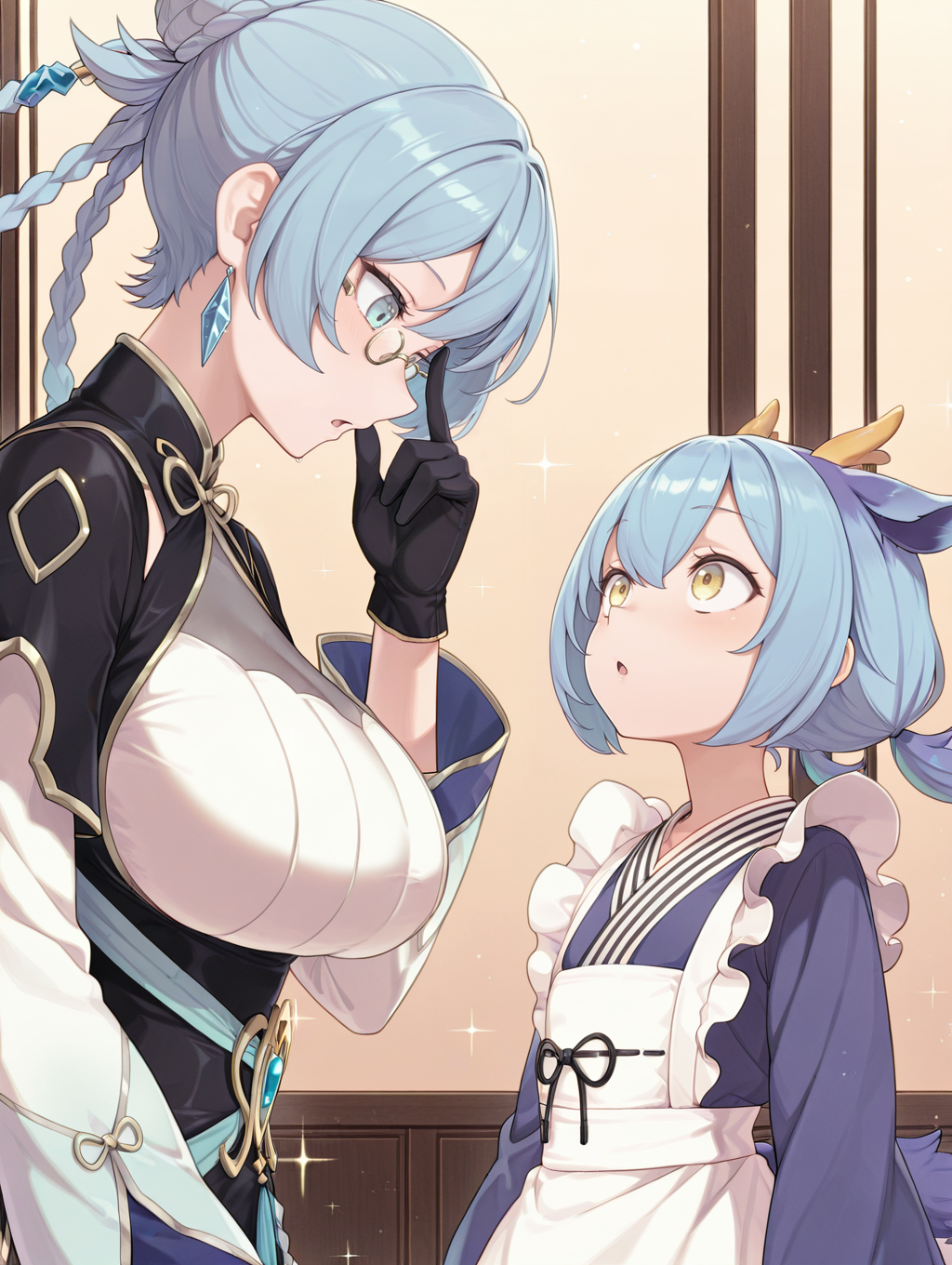 2girls,looking at another,from side,
BREAK dragon tale fymena,large breasts,sparkle,upper body,open mouth,adjusting eyewear,blue hairpin,yellow hairclip,gold under-rim eyewear,black capelet,black china dress,cyan detached sleeves,black gloves,single blue earring,tall female,looking down,blue eyes,<lora:Dragon Tale Fymena illuXL v1.31:0.76>,
BREAK laundry dragonmaid,blue maid outfit,blue fingerless gloves,open mouth,:o,looking up,multicolored hair,
masterpiece,best quality,amazing quality,very aesthetic,absurdres,newest,<lora:laundry dragonmaid & eldlich the golden lord illuXL v1:0.7>,