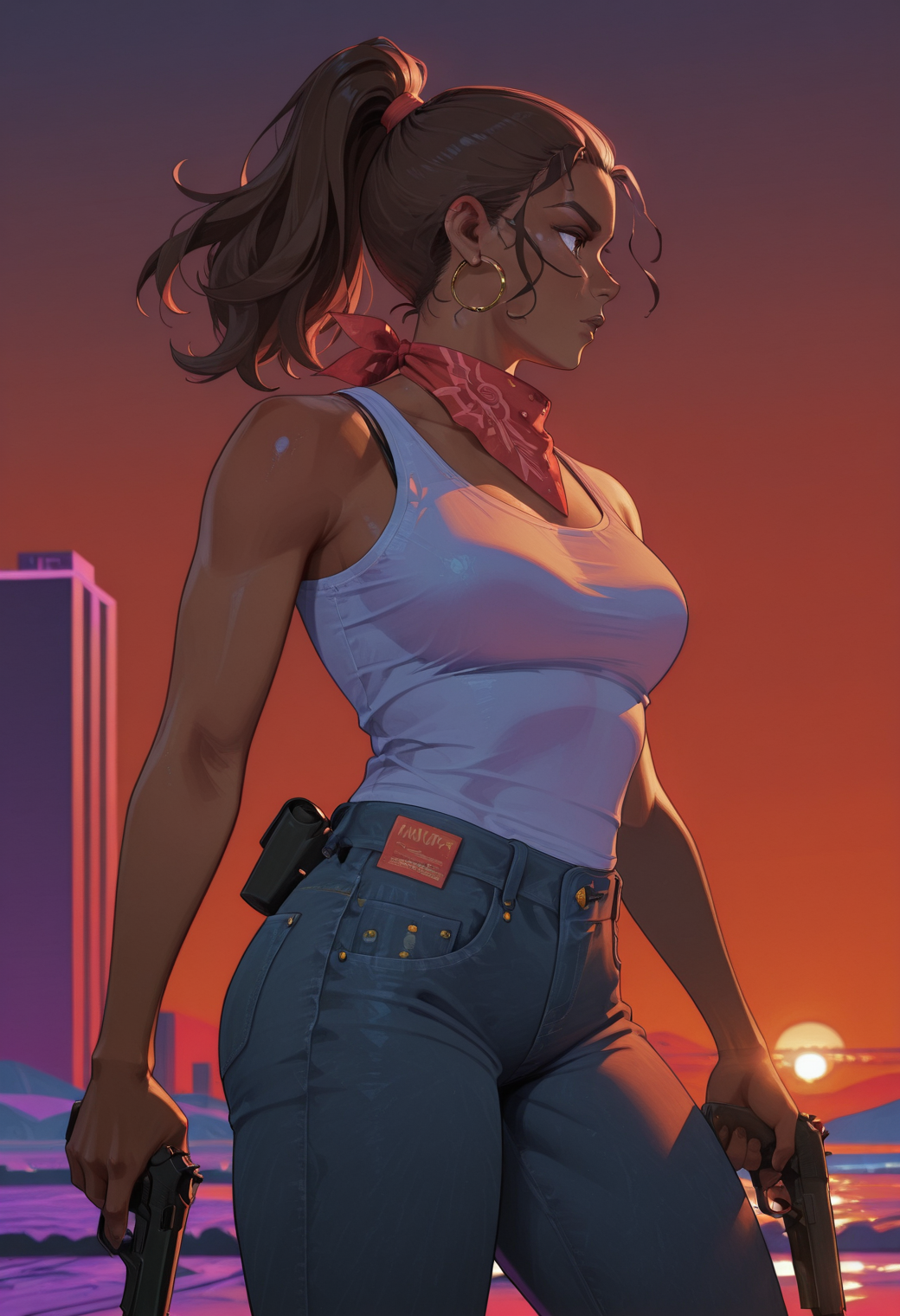 <lora:lucia_illustrious_byJaneB:1.1>,luci4gta6, 1girl, 
dark-skinned female, ponytail, hoop earrings, holding gun, sunset, synthwave,   <lora:afkArenaIllustrious:0.9> afkArenaStyle, red bandana, tank top, jeans