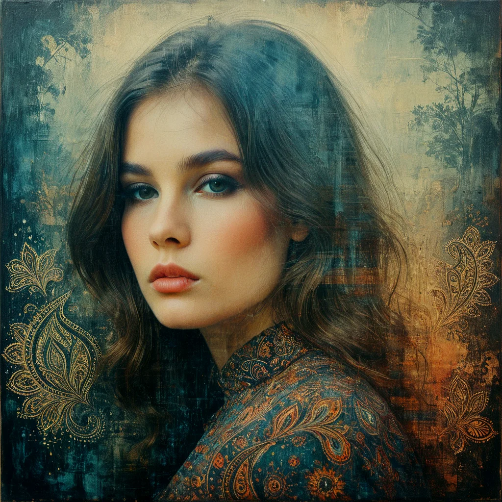 Atmospheric, moody.
An artistic painting, using paisley patterns. A beautiful young woman. 1960s style.
<lora:Screedex01_CE_XL_300-OT:0.6> scrdxCE_style