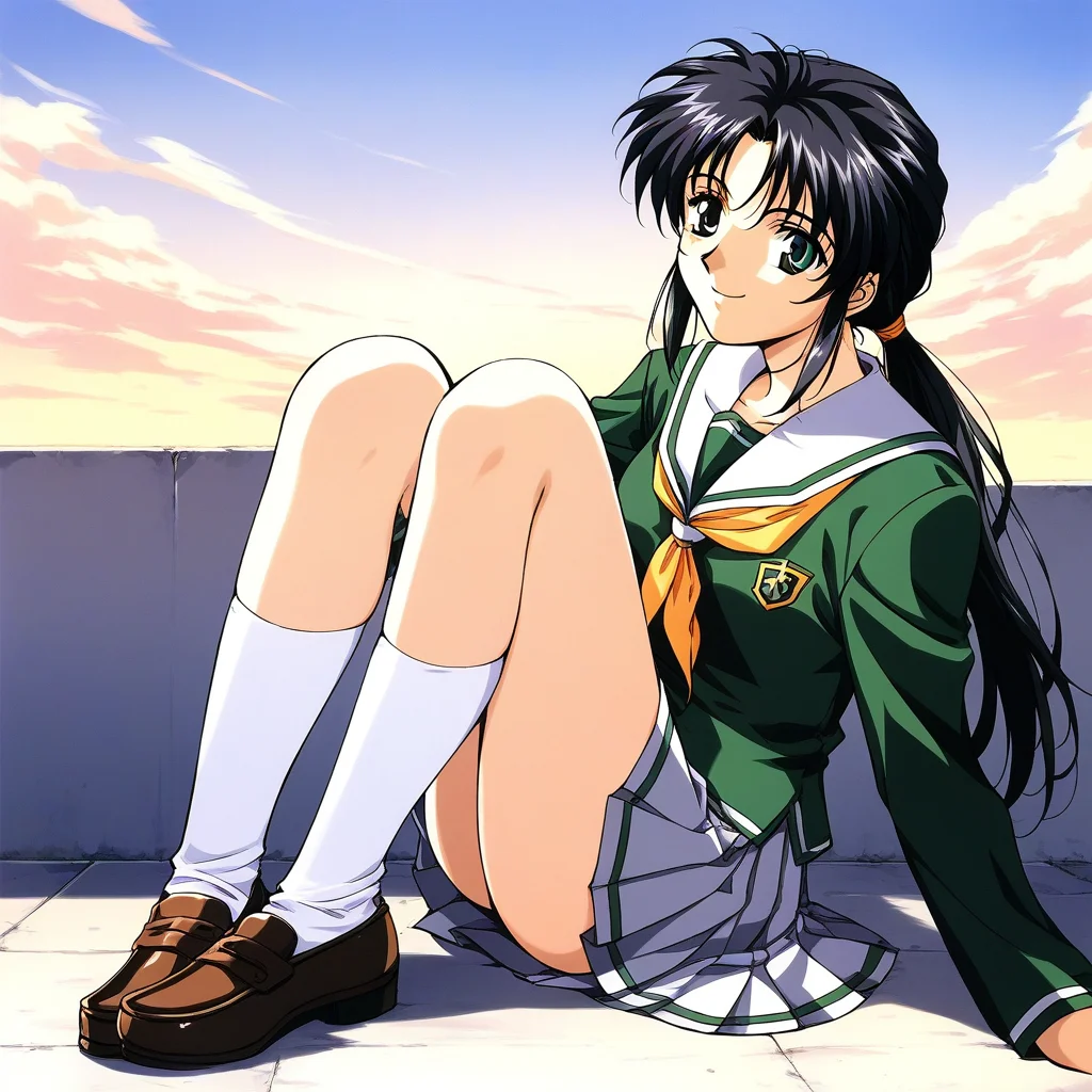 score_9, score_8_up, score_7_up, source_anime, rating_explicit, BREAK <lora:Tachibana_Yumi_XL:1> Tachibana_Yumi, black hair, long hair, green eyes, low ponytail, bangs, sidelocks, 1990s (style),
1girl, school uniform, solo, skirt, shoes, green shirt, socks, pleated skirt,
loafers, long sleeves, sitting, smile, serafuku, full body, legs
day, sky, outdoor,