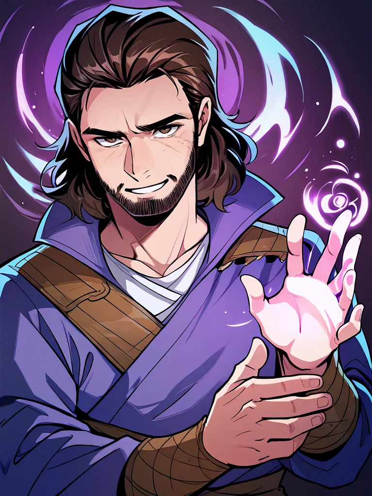 score_9, score_8_up, score_7_up, score_6_up, score_5_up, score_4_up, source_anime, BREAK
1boy, bg3gale, smile, upper body, facial hair, beard, brown hair, brown eyes, [blue|purple] robe, magic, wizard, looking at viewer
 <lora:corneo_gale:0.9>