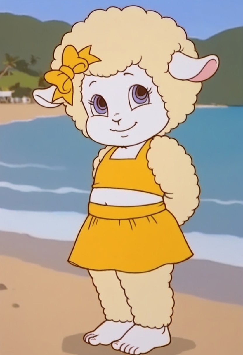 Woolma, 1girl, solo, sheep girl, wool, yellow dress, yellow bow, barefoot, standing, midriff, looking at viewer, smiling, closed mouth, outdoors, beach, hands behind back
