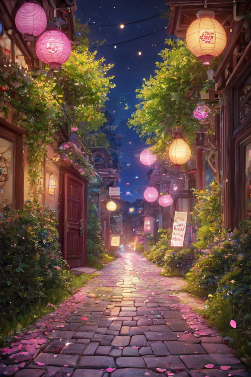 score_9, score_8_up, score_8,   pnkBldng, tree, no humans, night, grass, plant, lantern, sign, door, road, bush, street, paper lantern, path, pavement,   BREAK,  blooming stars, luminescent petals, otherworldly fragrance blurry background, (glowwave:1.1), BREAK,  embedding:zPDXL, Expressiveh,   <lora:PinkBuildingsPDXL_v2:0.6>,  <lora:SDXLFaeTastic2400:0.5>,  <lora:Expressive_H-000001:0.4>,