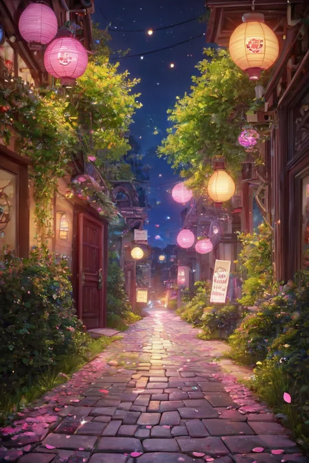 score_9, score_8_up, score_8,   pnkBldng, tree, no humans, night, grass, plant, lantern, sign, door, road, bush, street, paper lantern, path, pavement,   BREAK,  blooming stars, luminescent petals, otherworldly fragrance blurry background, (glowwave:1.1), BREAK,  embedding:zPDXL, Expressiveh,   <lora:PinkBuildingsPDXL_v2:0.6>,  <lora:SDXLFaeTastic2400:0.5>,  <lora:Expressive_H-000001:0.4>,