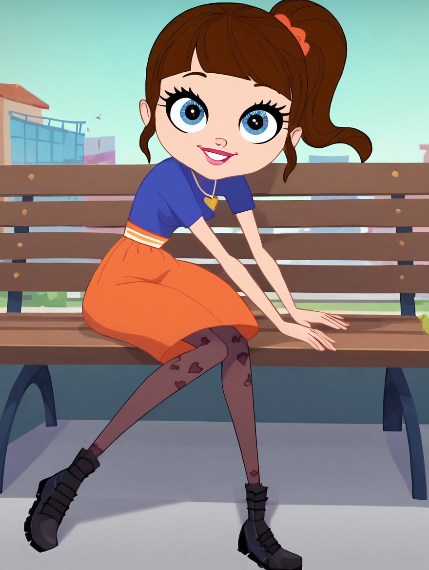 <lora:blythebaxter-05:1> blythemazz sitting on a bench, big head, orange short skirt, blue top, golden heart shaped necklace, tights with heart patterns, black shoes, brown hair, ponytail, straight bangs, sideburns,  blue iris with white radial concentric lines , solo , smile, blue sky kpark background, skyscrapers in the background, city, looking at viewer, perfectly round iris,, score_9, score_8_up, score_7_up, score_6_up, score_5_up, score_4_up,