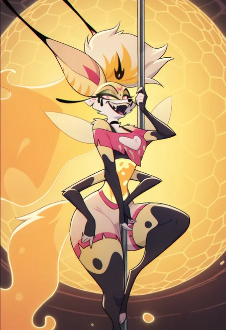 Score_9, score_8_up, score_7_up, score_6_up, score_5_up, score_4_up, 1girl, solo, big hips, thighs, QueenB, Anthro Fennec Fox, Furry Female, Mohawk Hair, Ethereal Hair, Multicolored Hair, Pink Eyes, Yellow Sclera, Long Eyelashes, Running Mascara, Yellow Fur, White Fur, Striped Ears, Multicolored Midriff, Pixie Wings, Four Arms, Black Choker, Off-shoulder Top, Pink Crop Top, Black Bra, Clothing Cutout, Heart Shaped Cutout, Midriff, Pink Shorts, looking at viewer, smile, fangs, open mouth, seductive pose, disco ball, pole, orange lighting filter