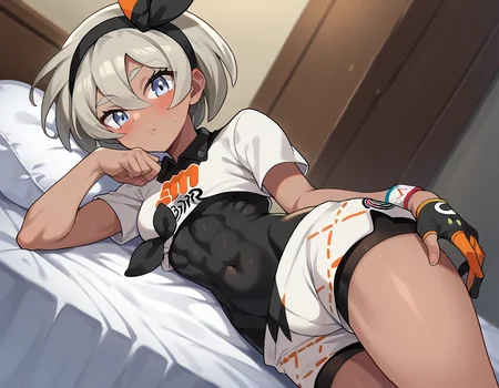 score_9, score_8_up, score_7_up, source_anime,
pokemonbea, <lora:pokemon-bea-ponyxl-lora-nochekaiser:1>
pokemonbea, blue eyes, dark skin, dark-skinned female, grey hair, hair between eyes, short hair, ribbon, hair ribbon, hairband, black ribbon, black hairband,
bodysuit, covered navel, shorts, single glove, glove, crop top, white shirt, short sleeves, collar, white shorts,
indoors, bed, bed room, on side, blush, drunk,
looking at viewer, cowboy shot, dutch angle,