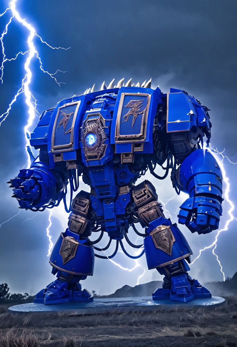 A four-meter tall massive cobalt drdnght machine, wreathed in crackling arcs of lightning, strides confidently through a raging storm, its ancient power core resonating with the fury of a thousand thunderbolts as it lays waste to all who oppose it.
